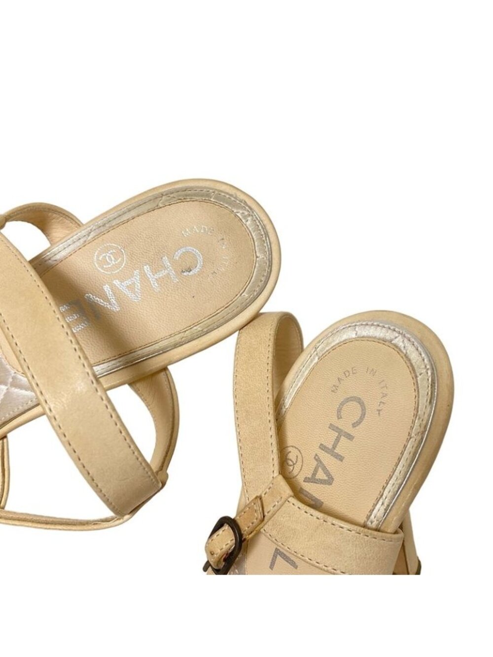 Chanel Sandals 38 Beige Coco Mark Outsole Reupholstered Leather - Picture 10 of 12